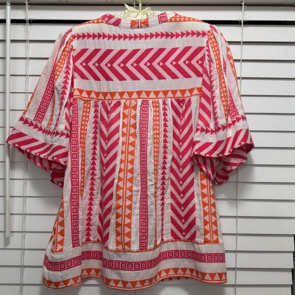 Old Navy orange/pink/white boho v neck gathered sleeve top; Size L - Picture 2 of 4